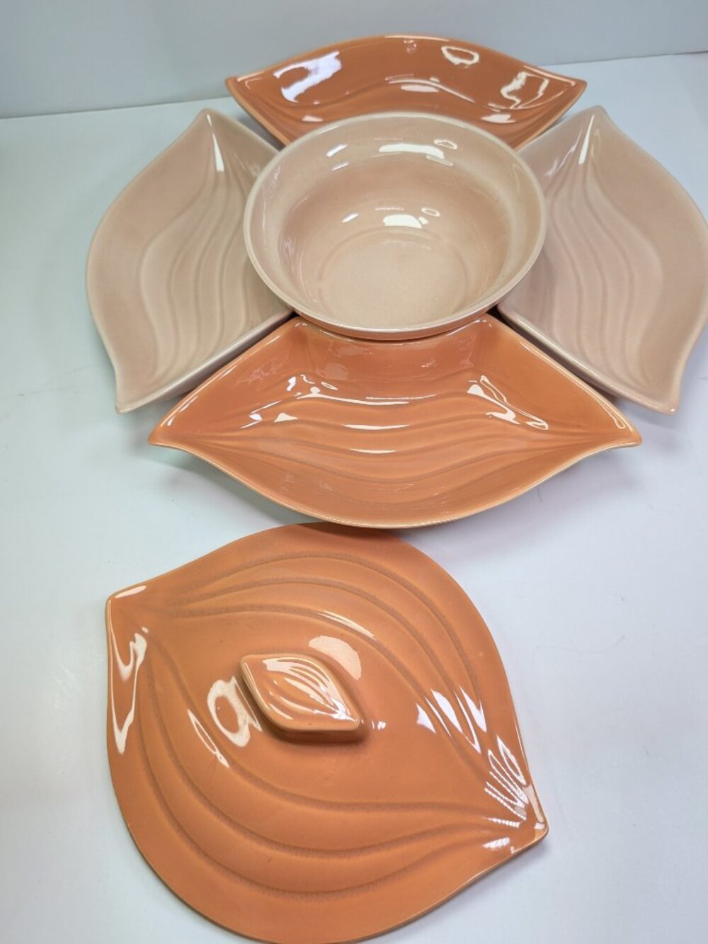 MCM 6pc Bi-Color Peach & Tan Centerpiece Bowls Lane & Co. Ceramic Serving Bowls
